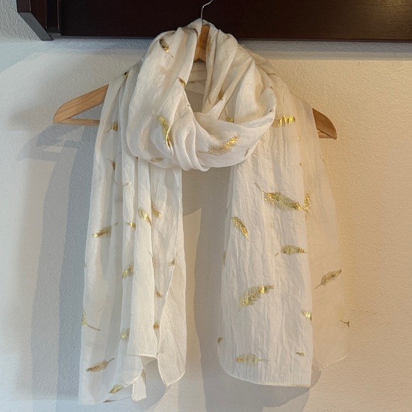 Accessories - Lightweight White Scarf Wrap with Gold Foil Feather Accents, 28”x 70”